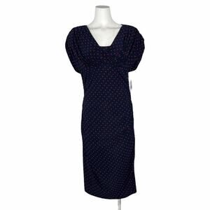 Evan Picone Navy Dot Dress Ruched Vintage Style Size 10 NWT